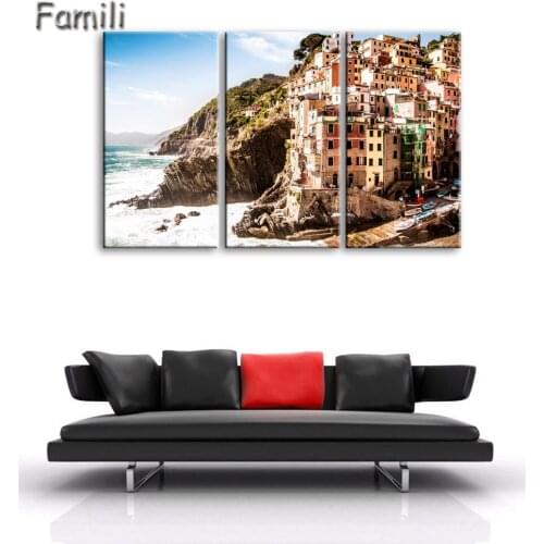 3 Pieces Modern Canvas Painting Wall Art Traditional Port Mediterranean Sea Cinque Terre Italy Coast Landscape Print On Canvas
