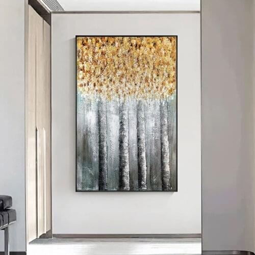 Abstract Four Trees With Gold Leaves Hand Painted Oil Painting On Canvas Wall Art Modern Unframed Art For Living Room Home Decor