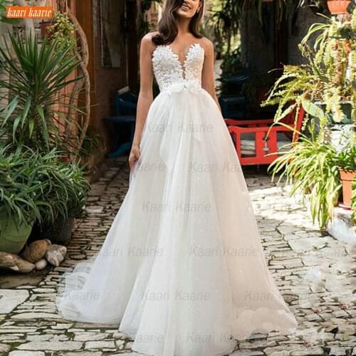 Bohemian White Wedding Dress 2021 Lace Up Appliques Vestido De Noiva A Line Tulle Mariage Bridal Gowns Customized Hochzeitskleid