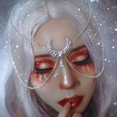 Gothic Hollow Moon Hair Accessories for Women Vintage Punk Layered Wizard Crystal Head Chain Halloween Ornament Jewelry VGH030