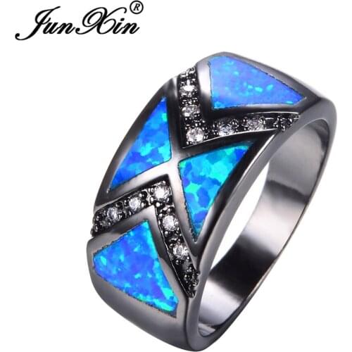 JUNXIN Fashion Blue Fire Opal Ring With Crystal AAA Zircon Black Gold Filled Jewelry Vintage Wedding Rings For Men And Women