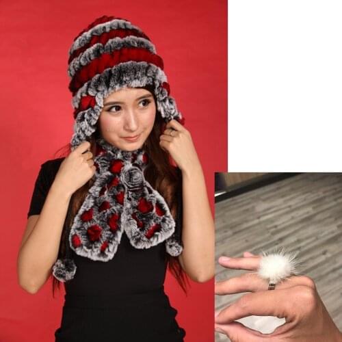 Earflap fur hats for women winter warm set of real rex rabbit fur hat with floral plaid scarf natural mink fur ring H160