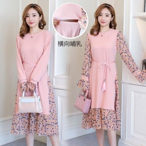 Sweet Floral Chiffon Pathcwork Knitted Maternity Party Dress Spring Korean Fashion Clothes for Pregnant Women Pregnancy