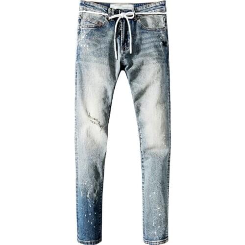 New Fashion Mens Male OW Tide Brand Trend 2020 Summer Jeans Casual Slim Pants Cropped Pants Drawstring All-match Denim trousers