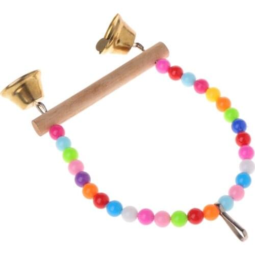 Natural Wooden Birds Perch Parrots Hanging Swing Cage With Colorful Beads Bells
