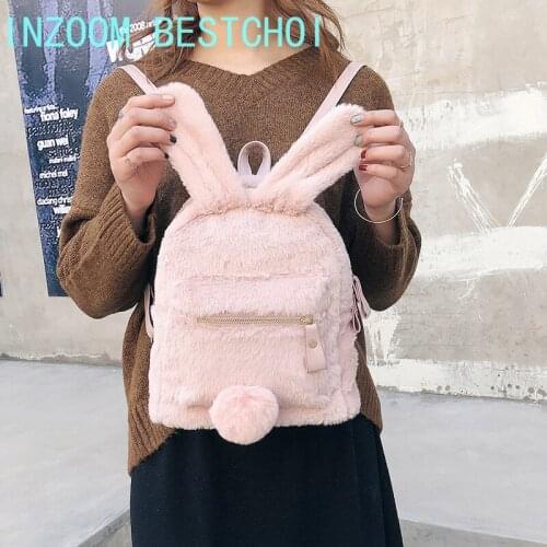 2021 New Plush Bunny Ears Backpack Pink Cute Harajuku Student School Bag Female Outdoor Travel Multi-function All-Match Package