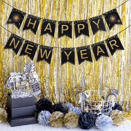 Happy New Year Banner Xmas Party Backdrop Banner Hanging Garland Black Gold Happy New Year Party Decorations New Year 2021 Decor