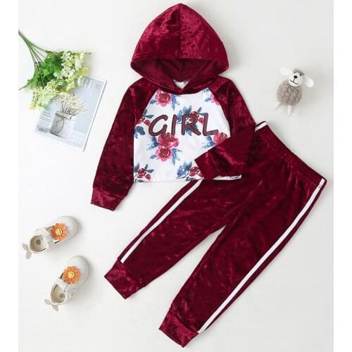 Baby girl clothes spring and autumn letter flower print flannel hooded sweater two-piece suit pure cotton suit girl baby suit