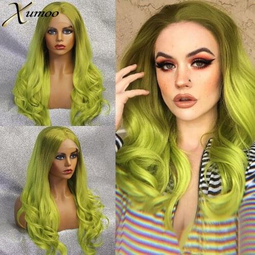 XUMOO Heat Resistant Ombre Shiny Green Synthetic Lace Front Wig Glueless Long Wavy Cosplay Wig Drag Queen Wigs For Black Women