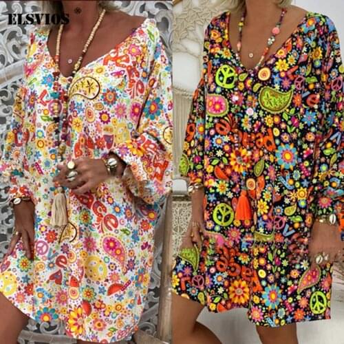 Plus Size V-Neck Bohemian Geometric Print Long-Sleeve T-Shirt Dress Summer Large Swing Street Loose Casual Mini Womens Clothing