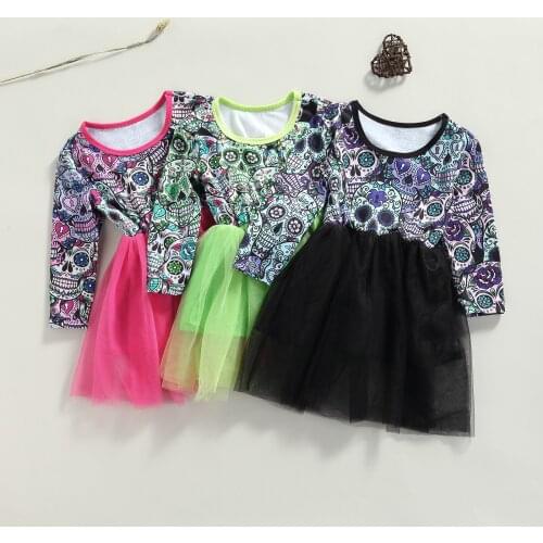Toddler Baby Girls Halloween Dress Cartoon Skull Print Tulle Dress Baby Infant Clothes Children Long Sleeve Outfits