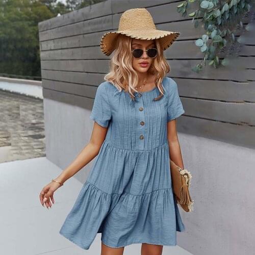 Short Sleeve Cotton Dress Casual Loose Solid Basic Mini Sweet Dress Single Breasted Round Neck Fashion Summer Dress Women