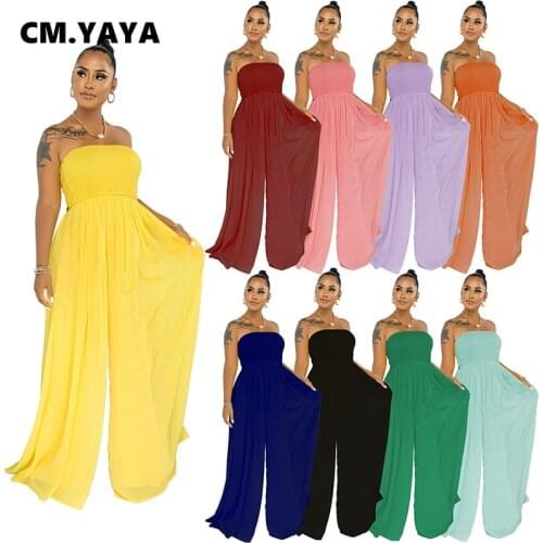 CM.YAYA Women Elastic Strapless High Waist Straight Jumpsuit for Summer Beach Casual Basic Chiffon One Piece Overall Romper