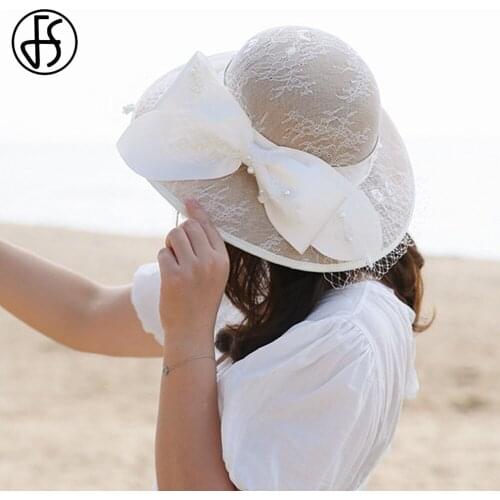 FS New Dome Hat With Veils Bowknot Beaded Linen Fedoras Caps Hats For Women Banquet Wedding Church Hats Lady Derby Cloche Cap