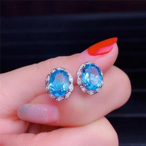 Classic Oval Natural Sky Blue Topaz Stud Earrings Solid 925 Sterling Silver Fine Jewelry For Women Accessories