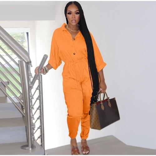 Black/orange/beige Casual Rompers Womens Jumpsuit Turn Down Collar Three Quarter Sleeve Overall Autumn Elastic Waist Catsuits