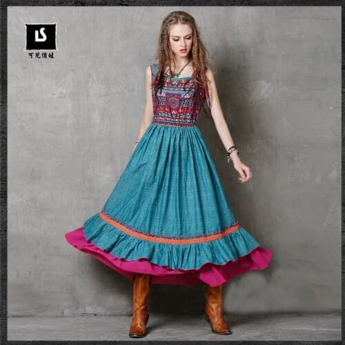 2018 Kez keer summer Women 's dress ethnic vintage big hem long dress A line cascading ruffle strap tank Bohemian female dresse