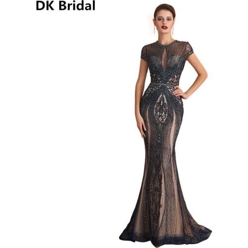 New Arrival Vestido De Festa 2019 Navy Champagne Sexy Cut-out Luxury Long Formal Gowns Beads Long Charming Mermaid Evening Dress