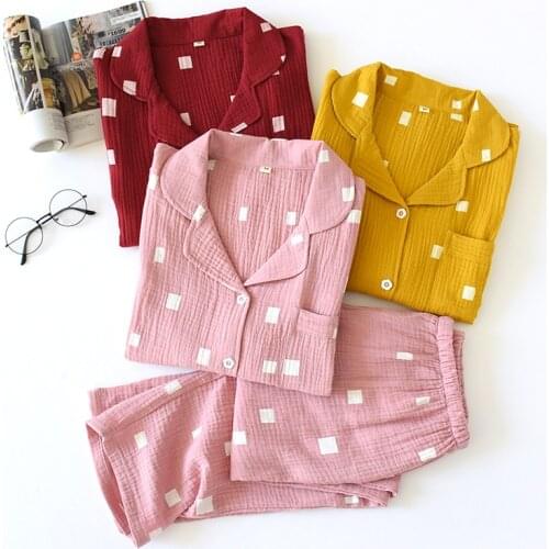 2021 Ladies Simple Style Sleepwear Set Women Comfort Gauze Cotton Pajamas Set Clothes+Pants Femme Homewear for Spring and Autumn