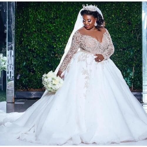 White Plus Size Wedding Dresses African Women Beaded Long Sleeves Crystals See Though Tulle Bridal Gown Custom Made