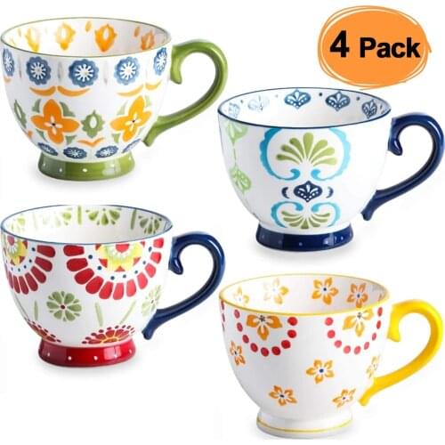 Large Coffee Mug,Jumbo Porcelain Soup Mug of Handmade Art Pattern Mug for Cappuccino,latte,Soup,Cereal,Ice Cream Set of 4 Mugs