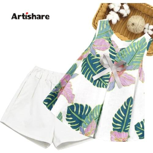 Kids Summer Clothes Girls Floral Vest + Short Girls Outfits Bow Girls Clothes Casual Style Childrens Costume