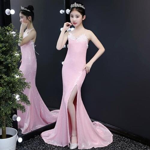 Kids Pink Sequined Dress Baby Girl Clothes Childrens Backless Trailing Princess Dress Birthday Party Dress Modis Vestidos Y1773