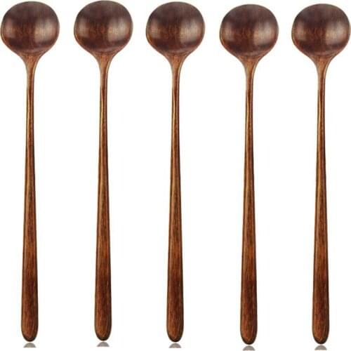 Long Spoons Wooden, 5 Pieces Korean Style 10.9 inches 100% Natural Wood Long Handle Round Spoons for Soup Cooking Mixing Stirrer