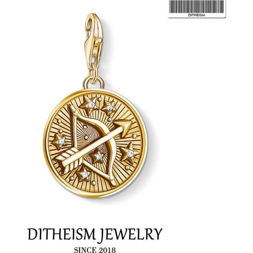 Golden Star Sign Sagittarius Charms Pendant,2019 Europe Jewelry 925 Sterling Silver Zodiac Gift For Women Men Fit Bracelet