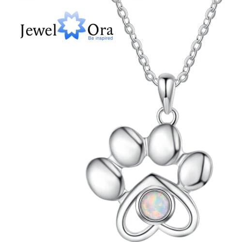 JewelOra 2021 New Silver Color Animal Dog Cat Paw Pendant Necklace with Simulated White Opal Jewelry Women Accessories