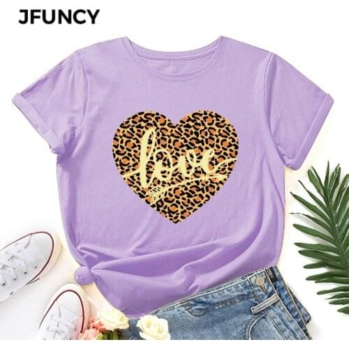 JFUNCY Summer Women Cotton Tshirt Leopard Love Heart Print Loose Tees Woman Short Sleeve T-shirt Oversize 5XL Female Casual Tops