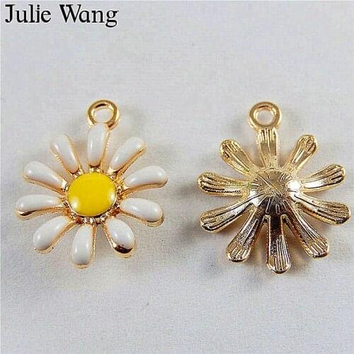 Julie Wang 10PCS Enamel White Daisy Sunflower Alloy Gold Tone Charms Pendant Earrings Bracelet Findings Jewelry Making Accessory