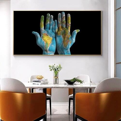 90x200cm Creative World Map on Hands Posters and Prints Wall Art Canvas Painting Large Size Pictures for Living Room