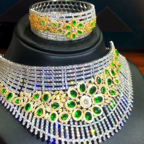 Trendy Exclusive Princess Emeralds Luxury Big Green Drop Necklace Earring Bracelet Ring Party Jewelry Set for Women Lady