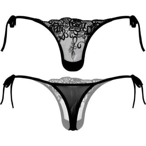 Mens Panties See-through Mesh Thongs Low Waist Lace-up G-string Sissy Briefs Underpants T-back Gay Underwear Embroidered Thongs