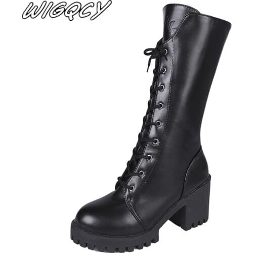 Winter new military riding combat boots Women knee high boots laceup patent leather short plush thick heel rivets Botas Muje PU