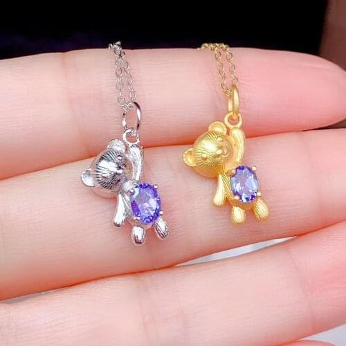 Oval Tanzanite Pendant,Tanzanite Charm,Birthstone Necklace,S925 Silver Tanzanite Necklace,Dainty Charm,Cute bear pendant