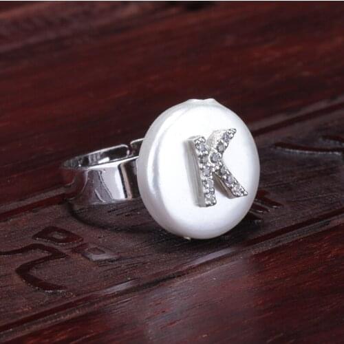 White cz paved ABCDE initial 26 alphabet letters charms round pearl beads adjustable rings for women wedding birthday gift