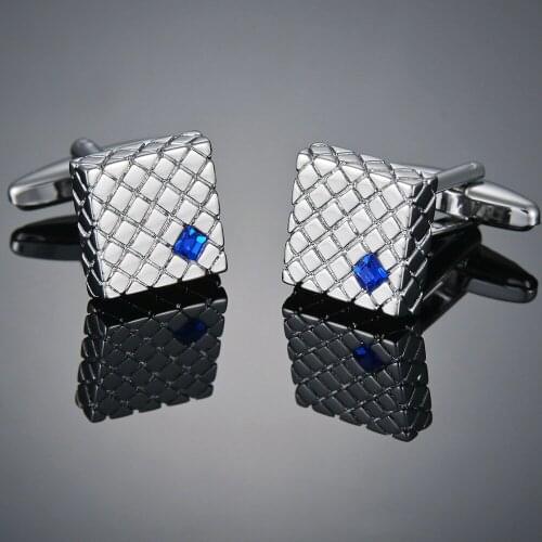 Luxury High Quality Blue Crystal Silvery Rhombic Square Cufflinks Classic for Mens French Shirt Suit Cuff Links Button Wholesale