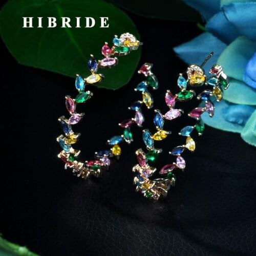 HIBRIDE Luxury Cubic Zircon Round shape Big Hoop Earrings for Women Wedding Crystal CZ Party Jewelry Engagement Earring E-43