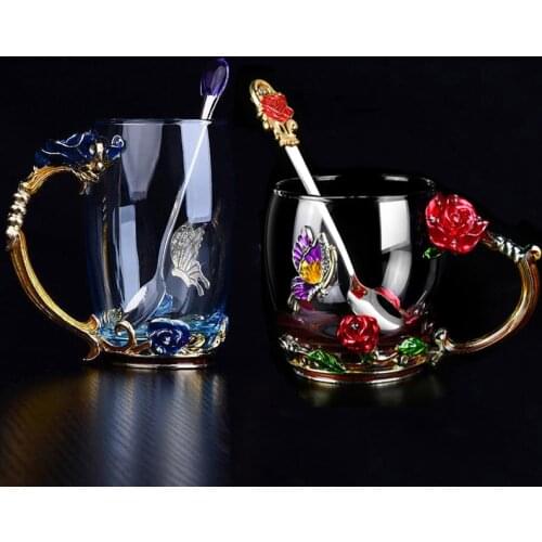 Blue/Red Enamel Crystal Cup Flower Tea Glass High-grade Glass Water Cup Flower Mug with Handgrip Perfect Gift For Lover Wedding