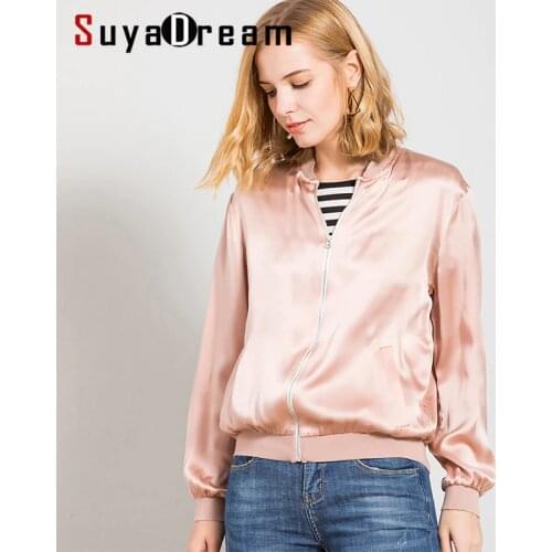 SuyaDream Women Silk Jacket 19mm 100%Silk Satin Pink Solid Zipper Placket Jackets 2019 Autumn Winter Outer Wear