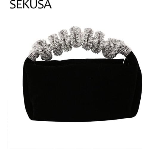 Party Handbags Diamonds Ruches Women Evening Bags Black Color Zipper Small Day Clutch Rhinestones Wedding Purse