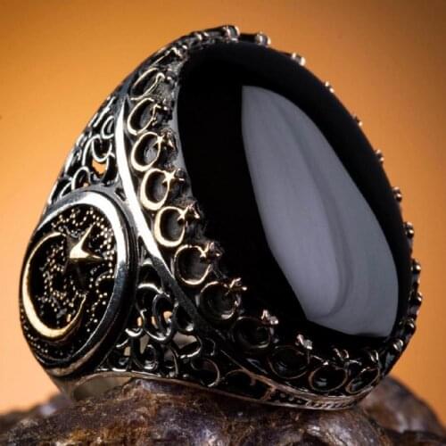 Vintage Big Black Onyx Gemstone Ring Oval Handcarved Men Ring Cerescent Star Style Men Ring High Quality Fashionable
