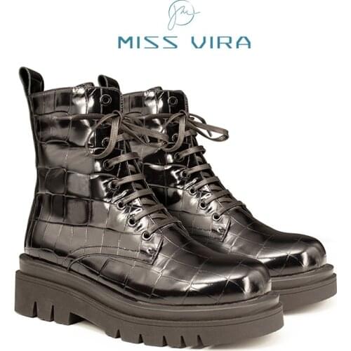 MISS VIRA Ankle Boots Women Platform Martens Boots Cow Leather Toe Lace-Up Zipper Autumn Winter Boots Motorcycle Shoes