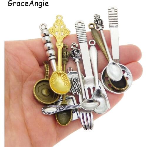 Spoon Pendant Charms Vintage Tableware Cookware Alloy Charms Bronze Gold Alloy Bracelet Keychain Earrings Accessories 12PCS