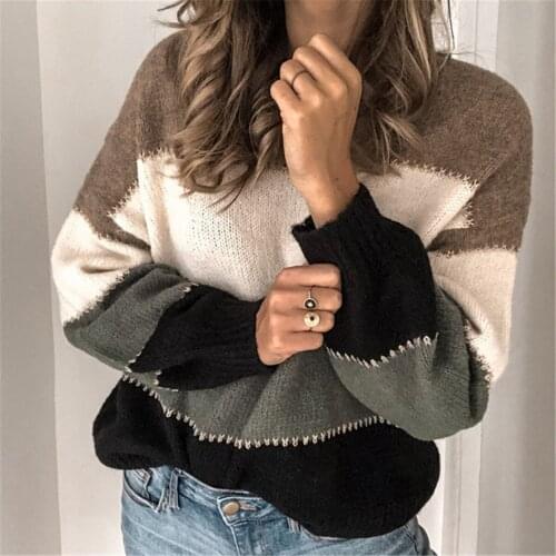 Vintage Striped Sweaters Women Elegant Long Sleeve Patchwork Loose Knit Pullovers Top Fashion O Neck Jumper Basic Sweater 2021