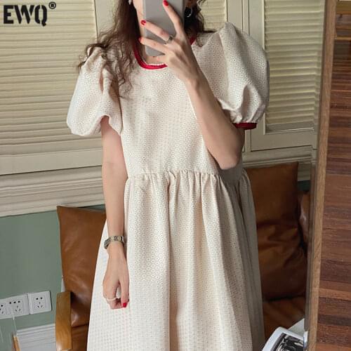 [EWQ] Korea Chic Summer Round Neck Robe Contrast Color Lace Bow Polka Dot Puff Sleeve Women Office Midi Dress 2021 16W1474