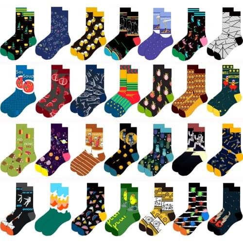 1 Pair Cycling Socks Men Sports Socks Combed Cotton Cartoon Animal Fruit Geometry Universe Food Drink Banana Novelty Funny Socks
