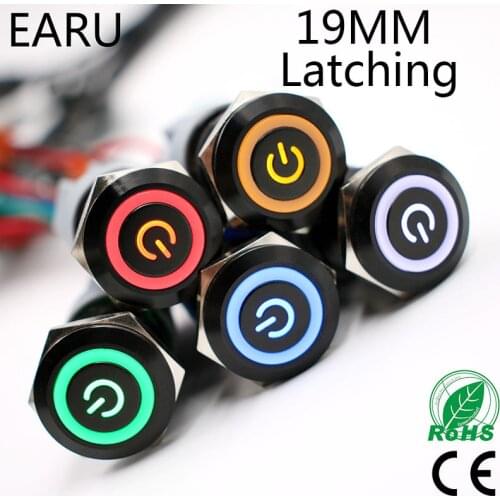 19mm Alumina Black Waterproof Latching Maintained Self-lock Fixation Ring Metal Push Button Switch Power Symbol LED Light Lock